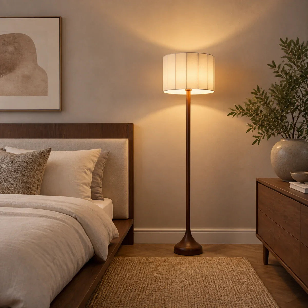 Ashwood Elegance | Modern Slim Standing Floor Lamp with Fabric Shade