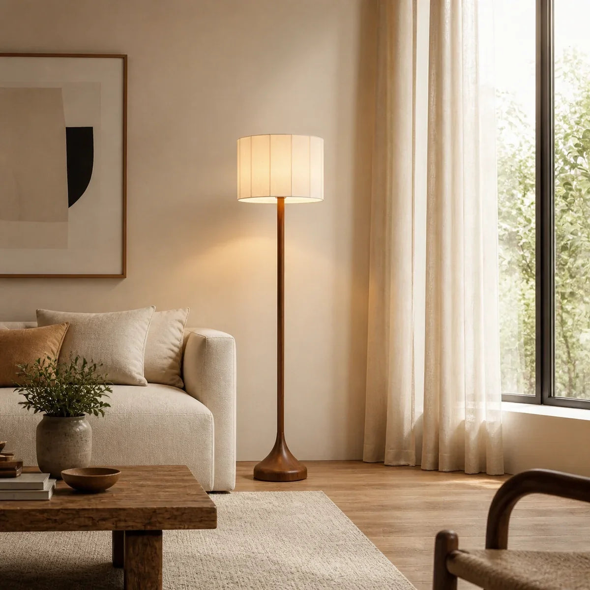 Ashwood Elegance | Modern Slim Standing Floor Lamp with Fabric Shade
