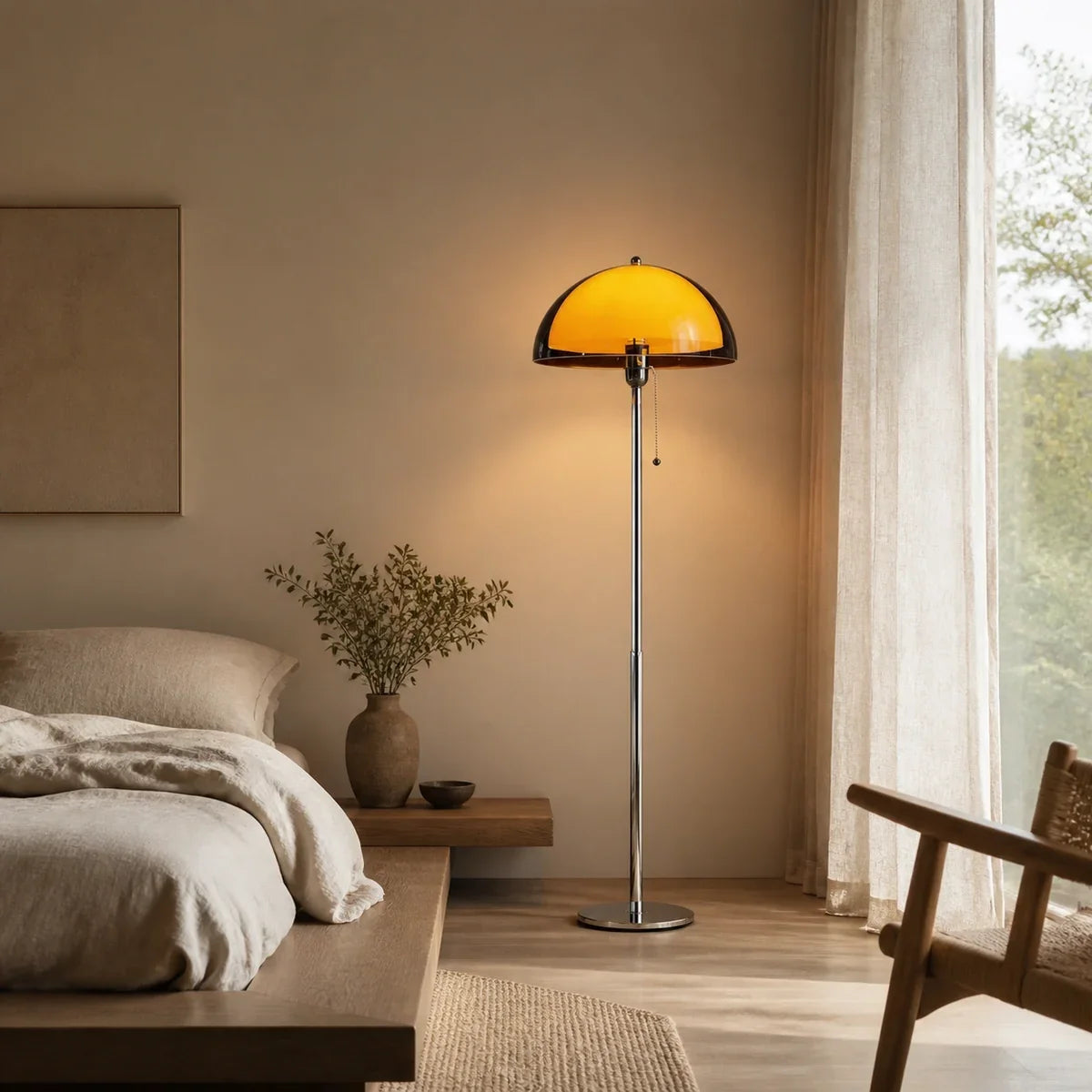 Luminara | Stylish Modern Dimmable Mushroom Floor Lamp with Chrome-Finish Metal Base