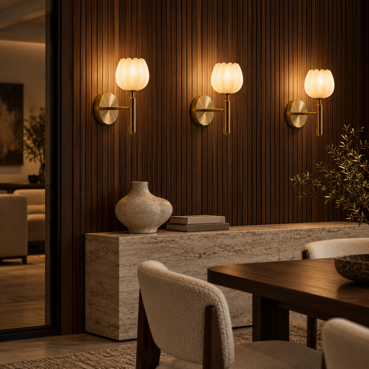 AlabasterGlow | Elegant Brass Wall Sconce Lighting with Natural Shade