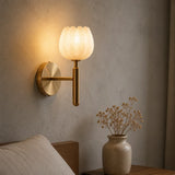 AlabasterGlow | Elegant Brass Wall Sconce Lighting with Natural Shade