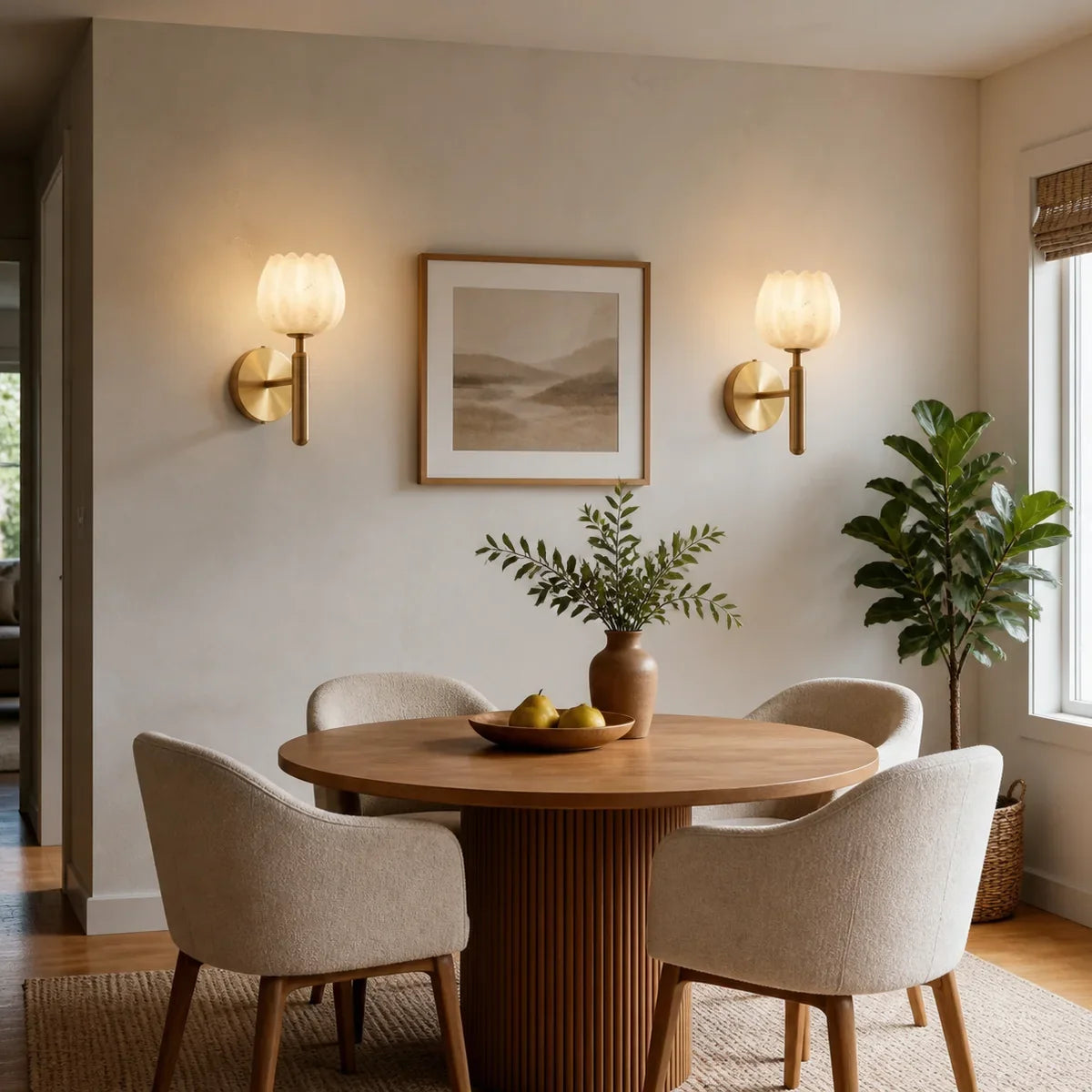 AlabasterGlow | Elegant Brass Wall Sconce Lighting with Natural Shade