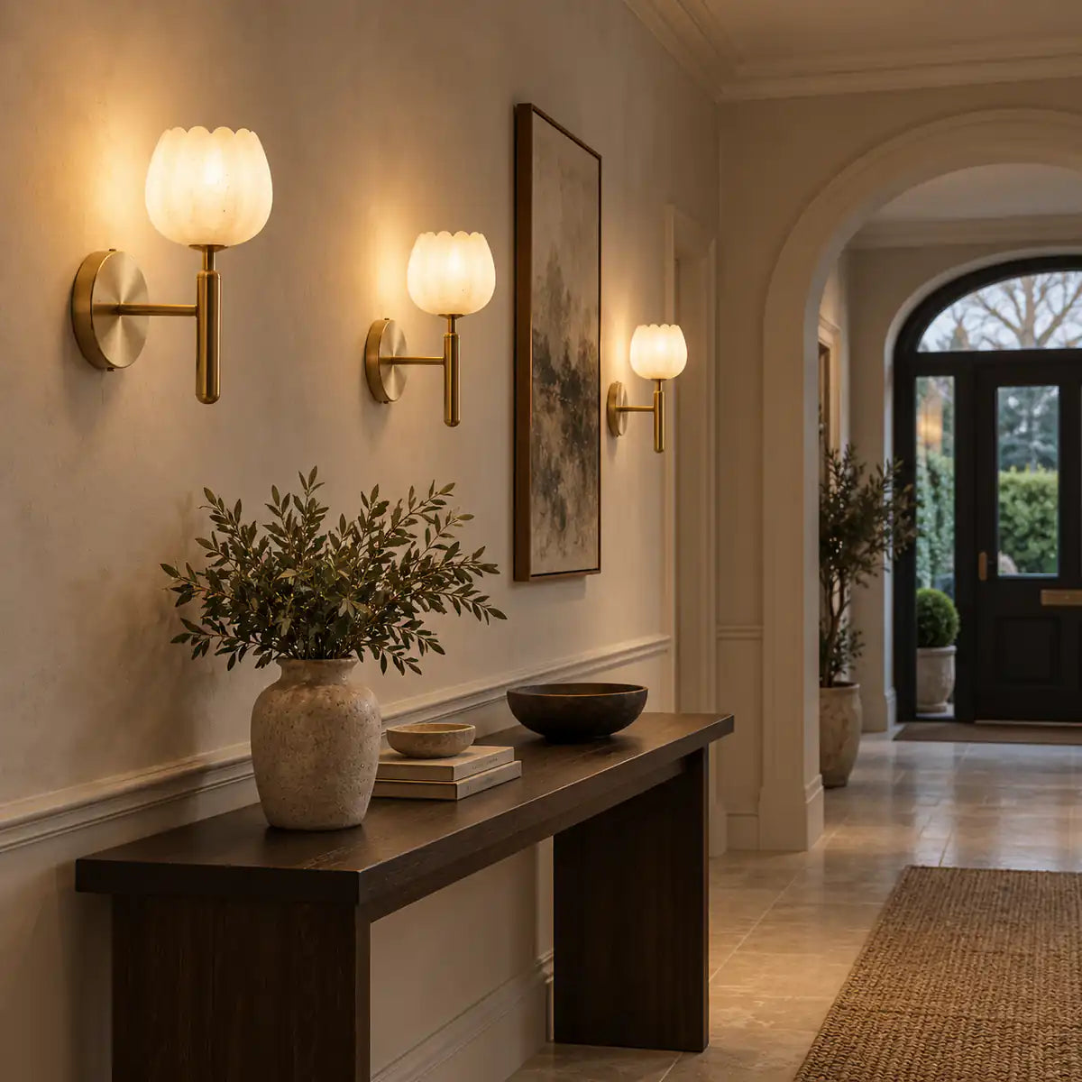 AlabasterGlow | Elegant Brass Wall Sconce Lighting with Natural Shade
