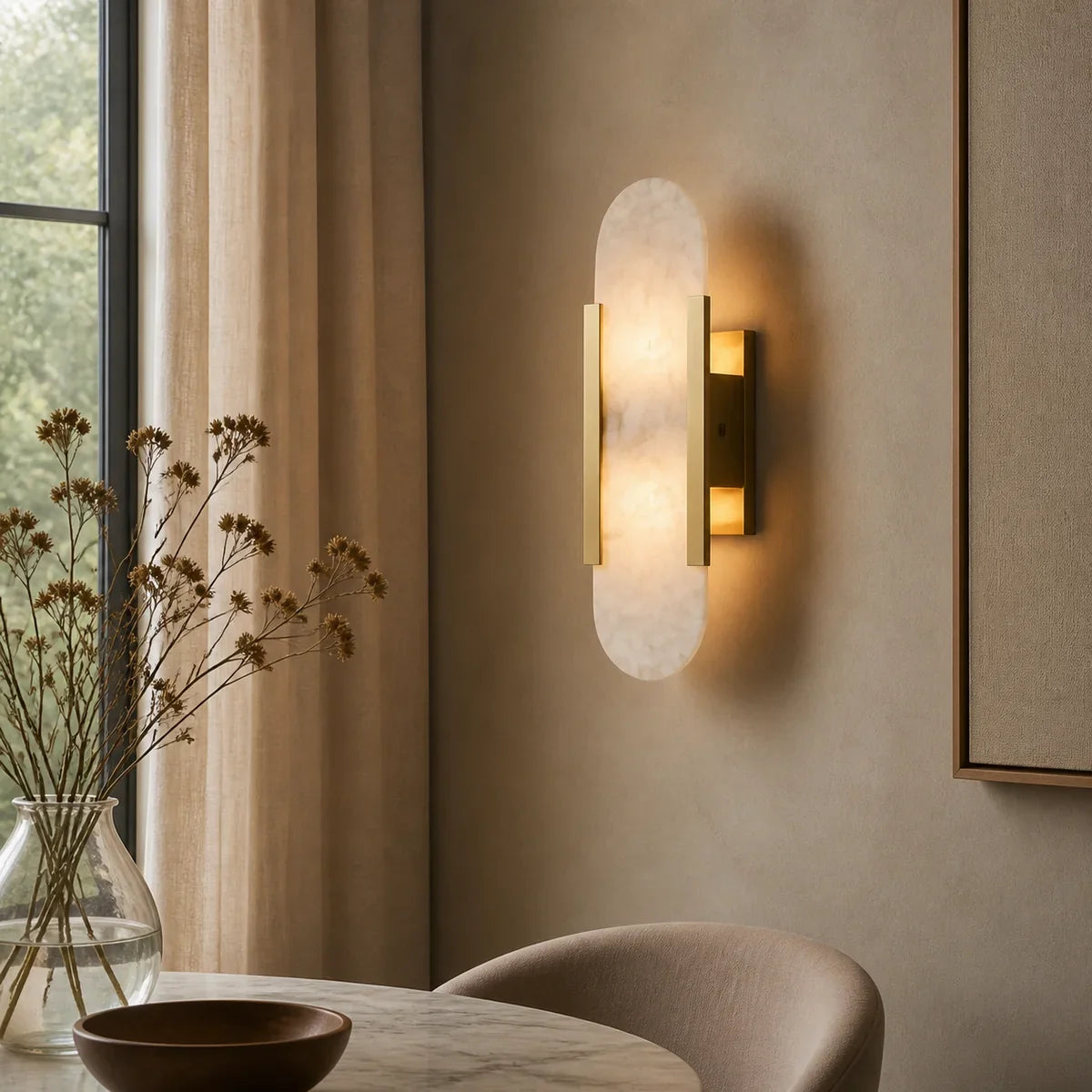 AlabasterGlow | Elegant Brass Wall Sconce Lighting for Modern Interiors