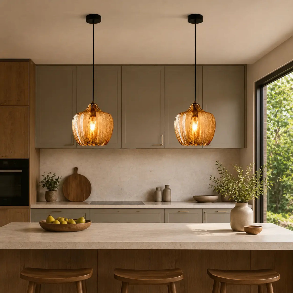 AmberGlow | Elegant Warm Tinted Glass Pendant Lighting for Kitchen Island