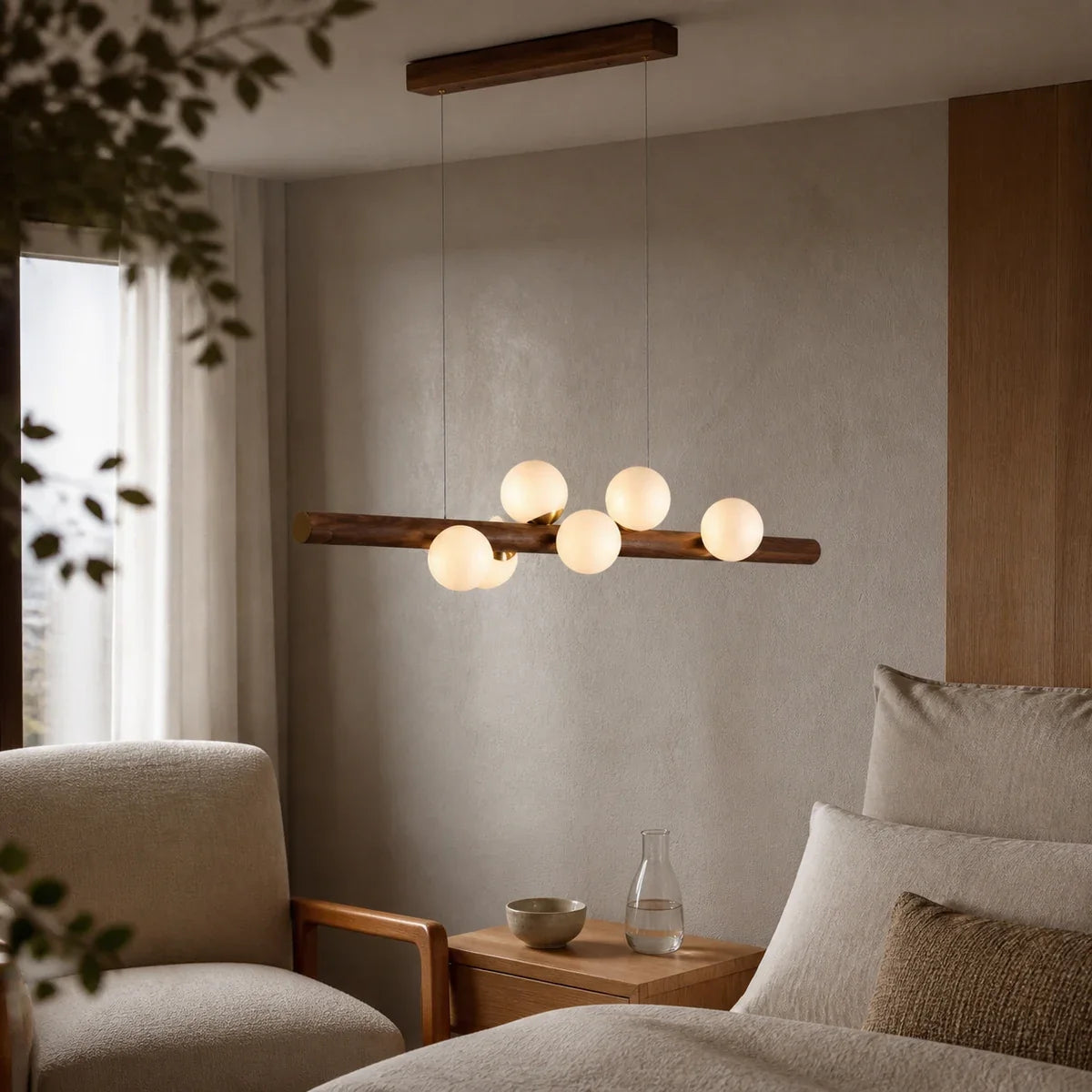 WalnutGlow | Elegant Modern Linear Chandelier with Glass Shades