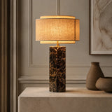 MarbleGlow | Elegant Modern Red Marble Bedside Table Lamp with Fabric Shade