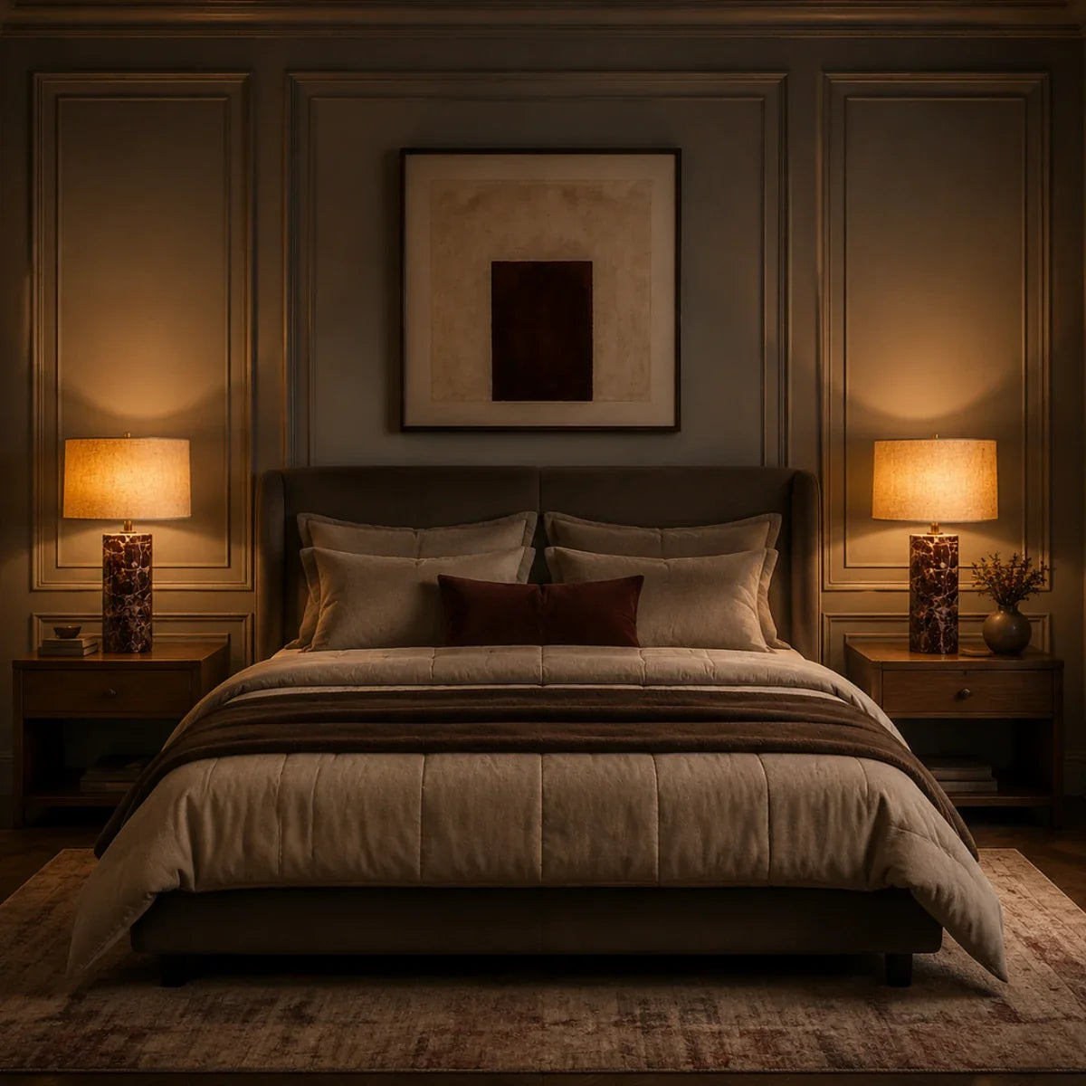 MarbleGlow | Elegant Modern Red Marble Bedside Table Lamp with Fabric Shade