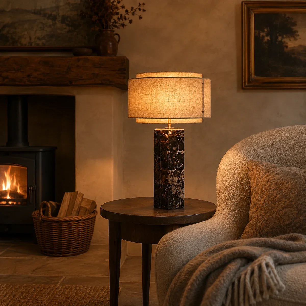 MarbleGlow | Elegant Modern Red Marble Bedside Table Lamp with Fabric Shade