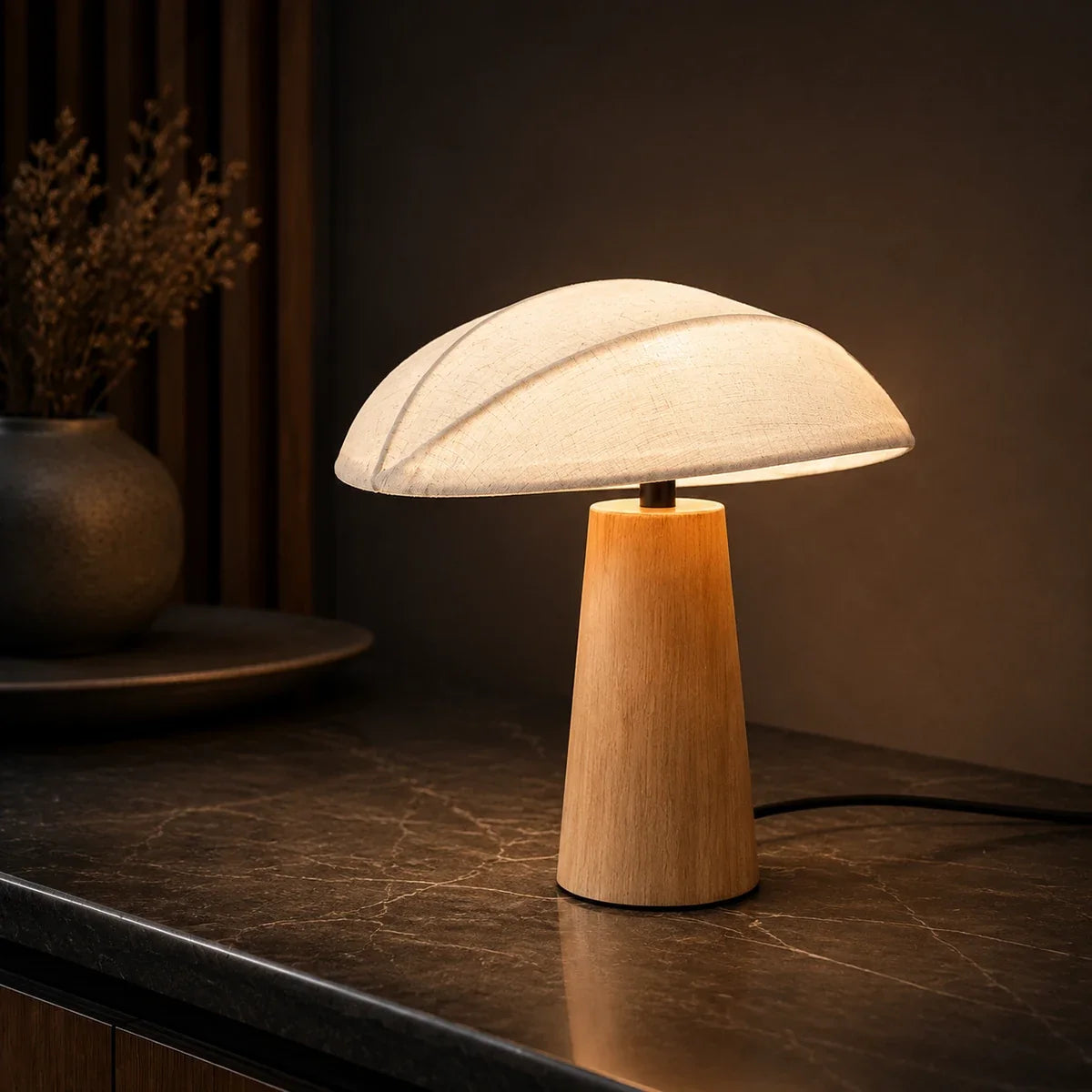 Luminara | Elegant Compact Wooden Base Fabric Shade Table Lamp