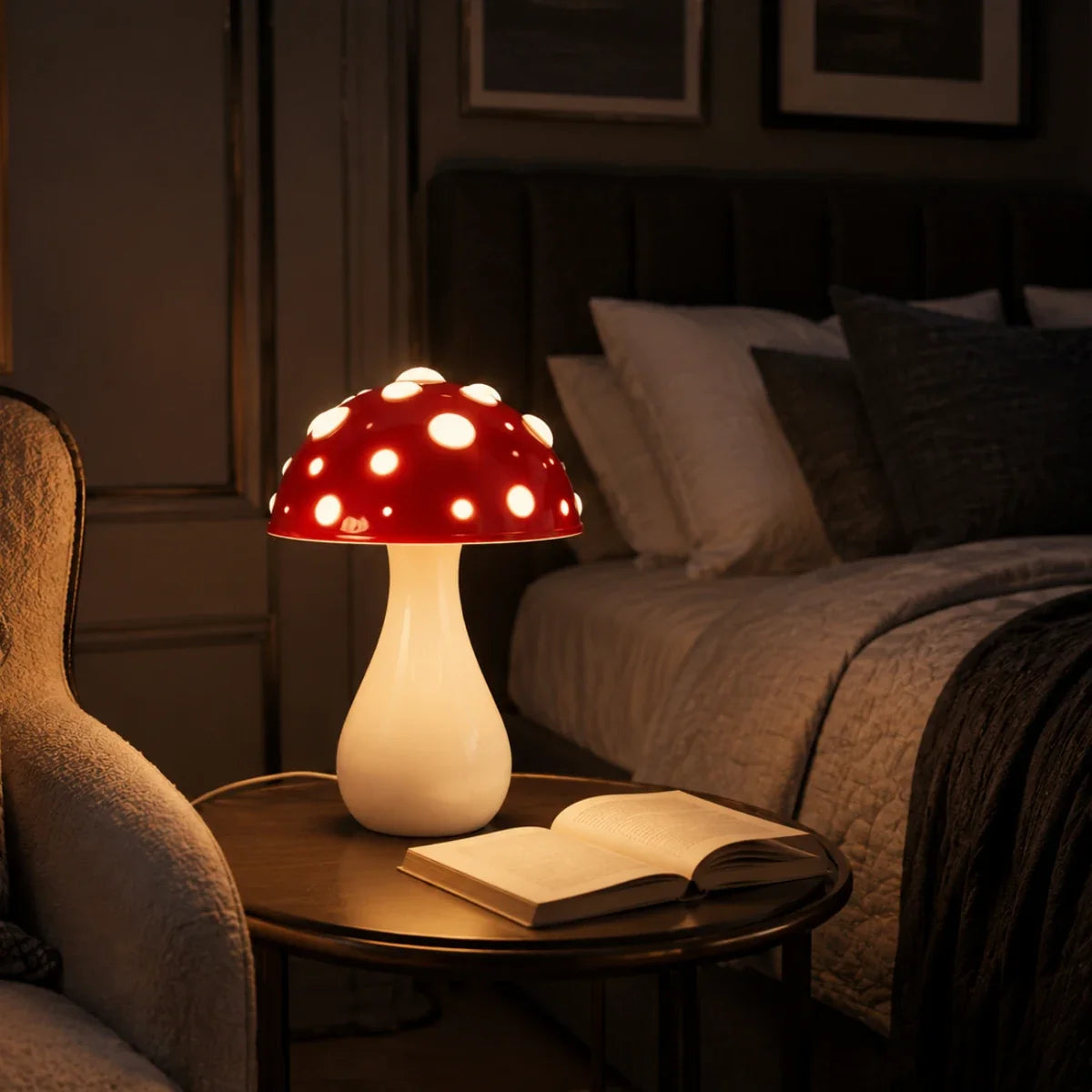 MushroomGlow | Stylish Dimmable Cordless Table Lamp with Aluminum Base