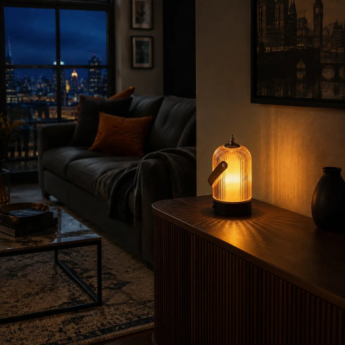 RibbedAura | Modern Elegant Dimmable Glass Table Lamp for Bedroom or Desk