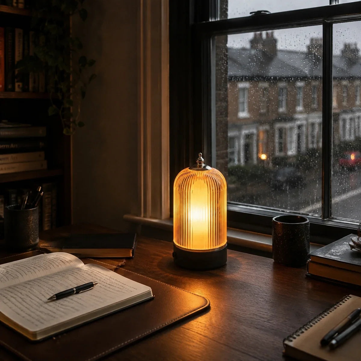 RibbedAura | Modern Elegant Dimmable Glass Table Lamp for Bedroom or Desk