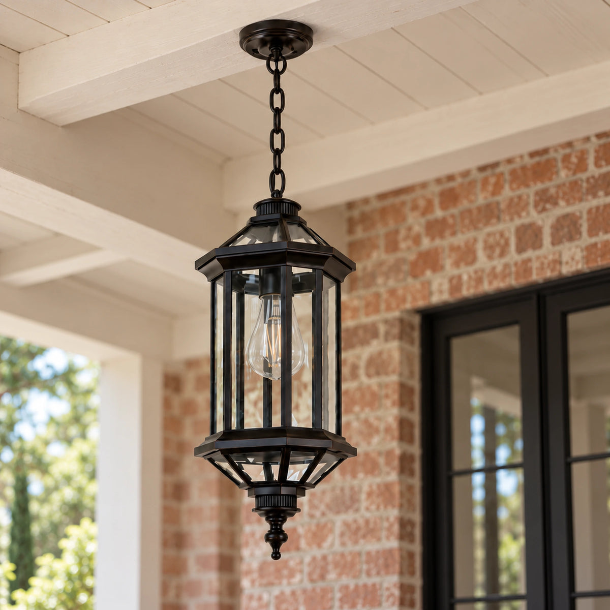 Aurelia | Elegant Outdoor Hanging Pendant Lantern with Clear Glass, Sandblasted Black Finish & IP65 Protection