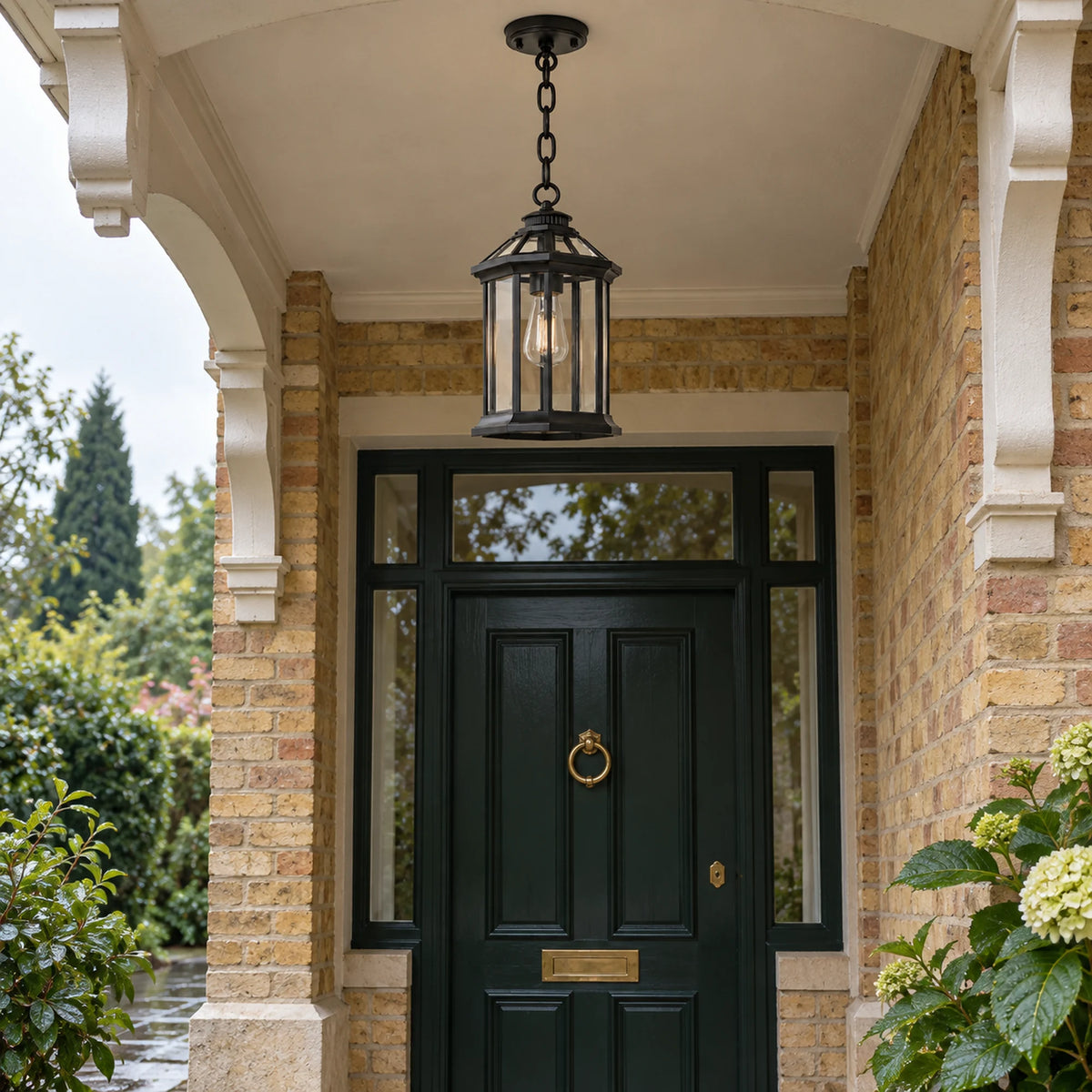 Portiva | Classic Outdoor Hanging Pendant Lantern with Clear Glass, Sandblasted Black Finish & IP65 Protection