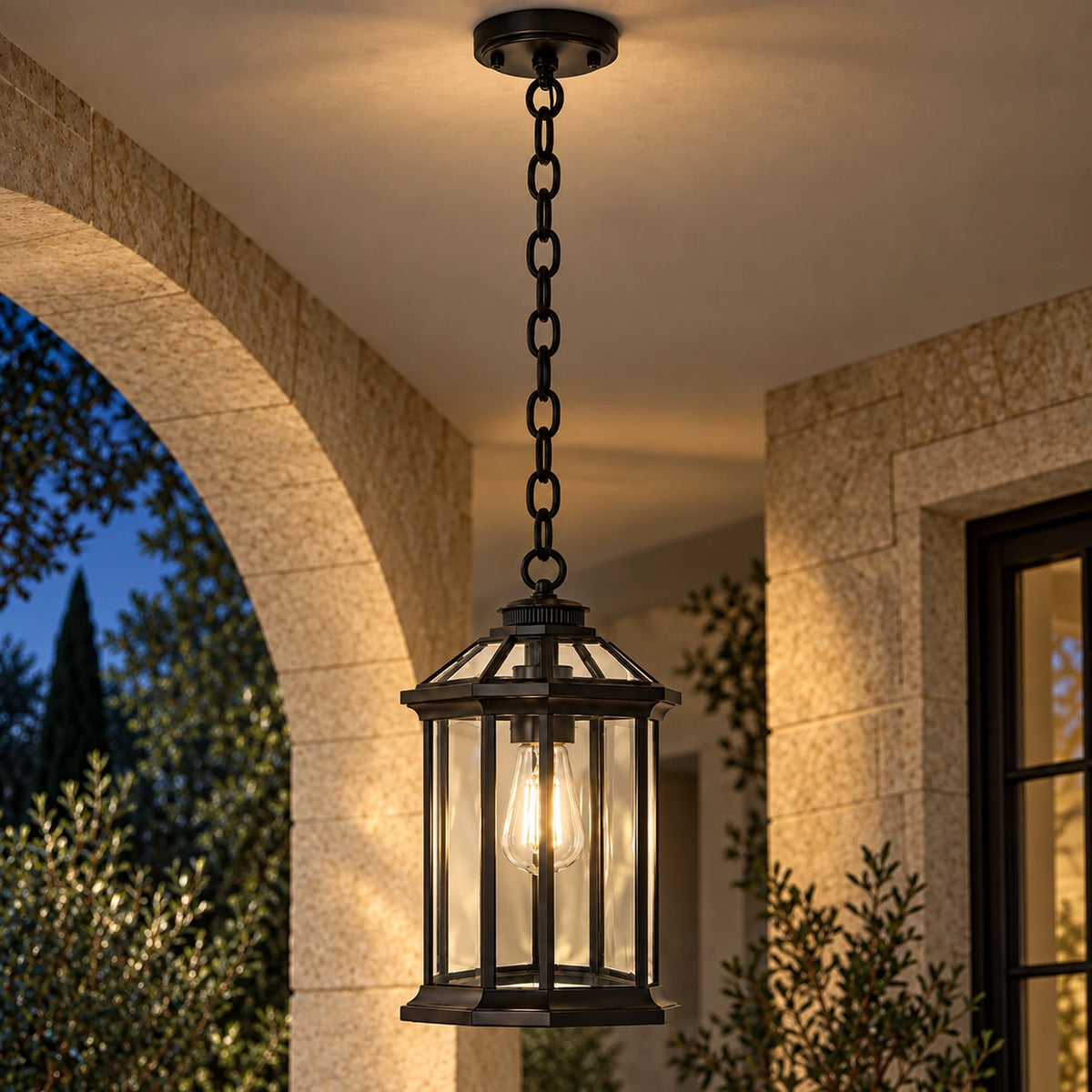 Portiva | Classic Outdoor Hanging Pendant Lantern with Clear Glass, Sandblasted Black Finish & IP65 Protection