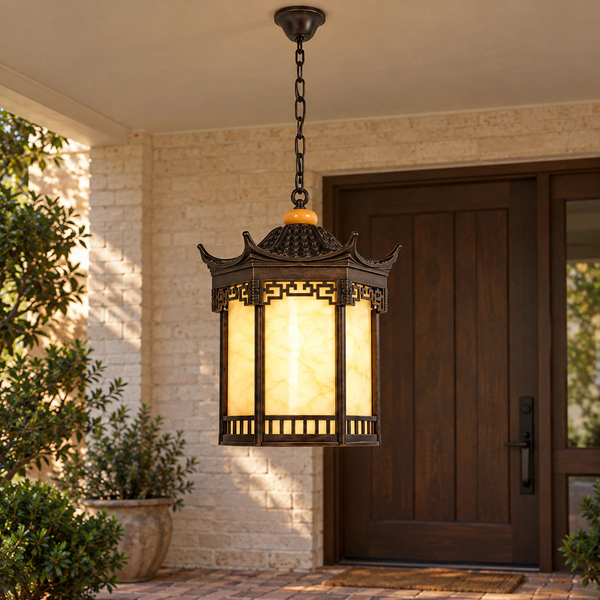 Pagora | Classic Pagoda Outdoor Hanging Light with Faux Alabaster & Bronze Gold Aluminium