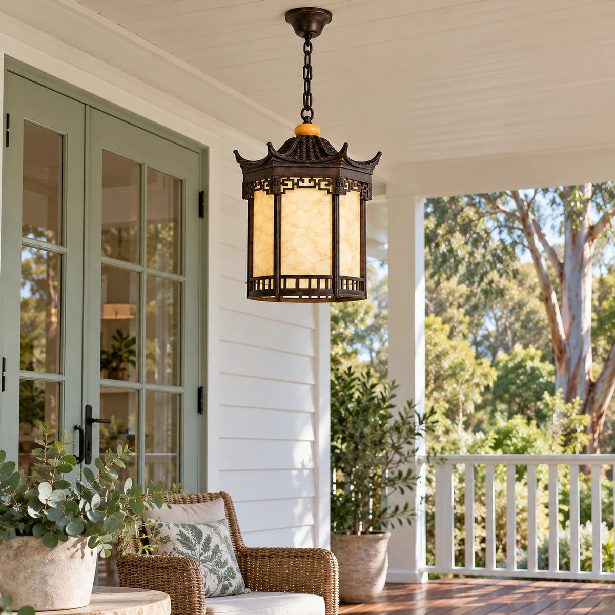 Pagora | Classic Pagoda Outdoor Hanging Light with Faux Alabaster & Bronze Gold Aluminium