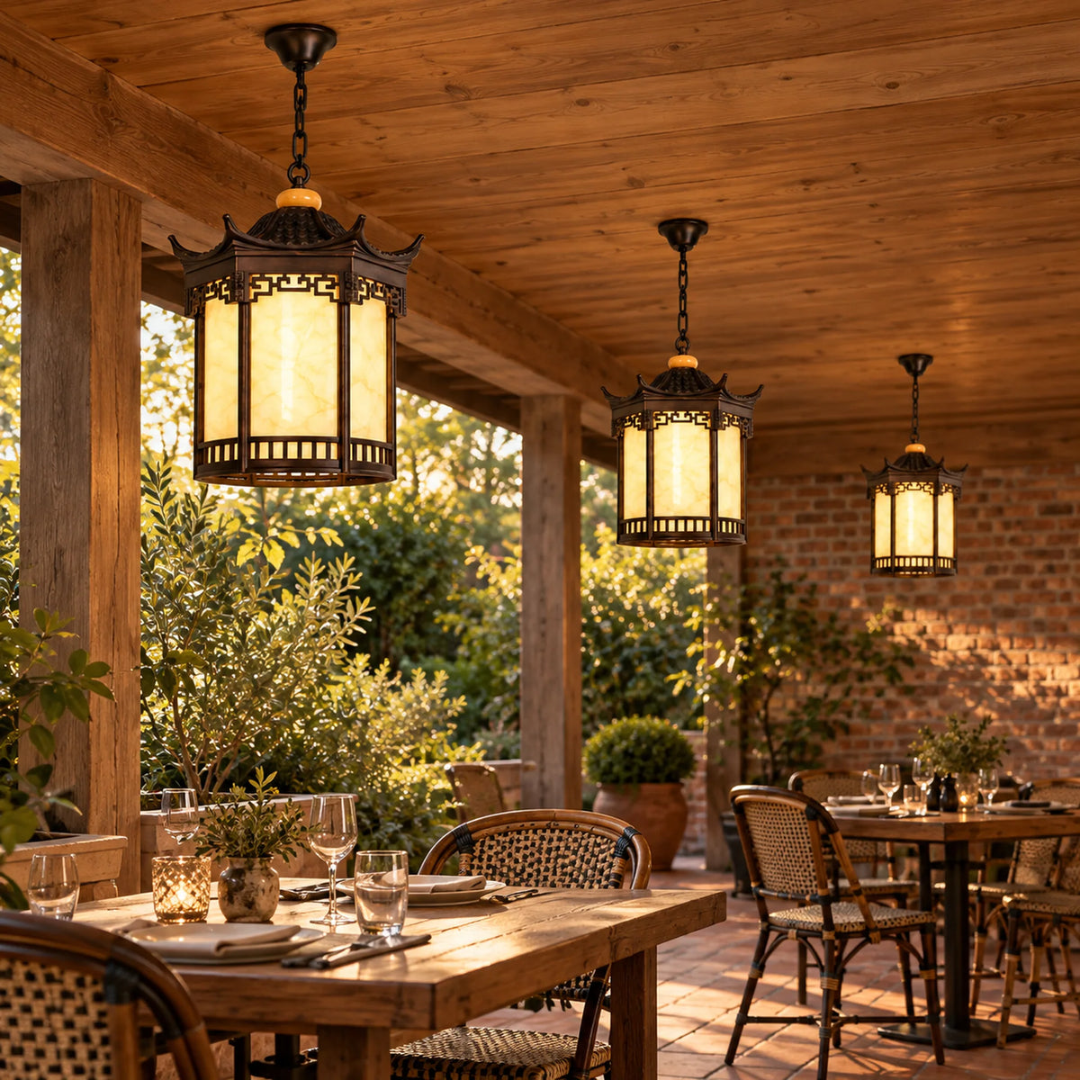 Pagora | Classic Pagoda Outdoor Hanging Light with Faux Alabaster & Bronze Gold Aluminium