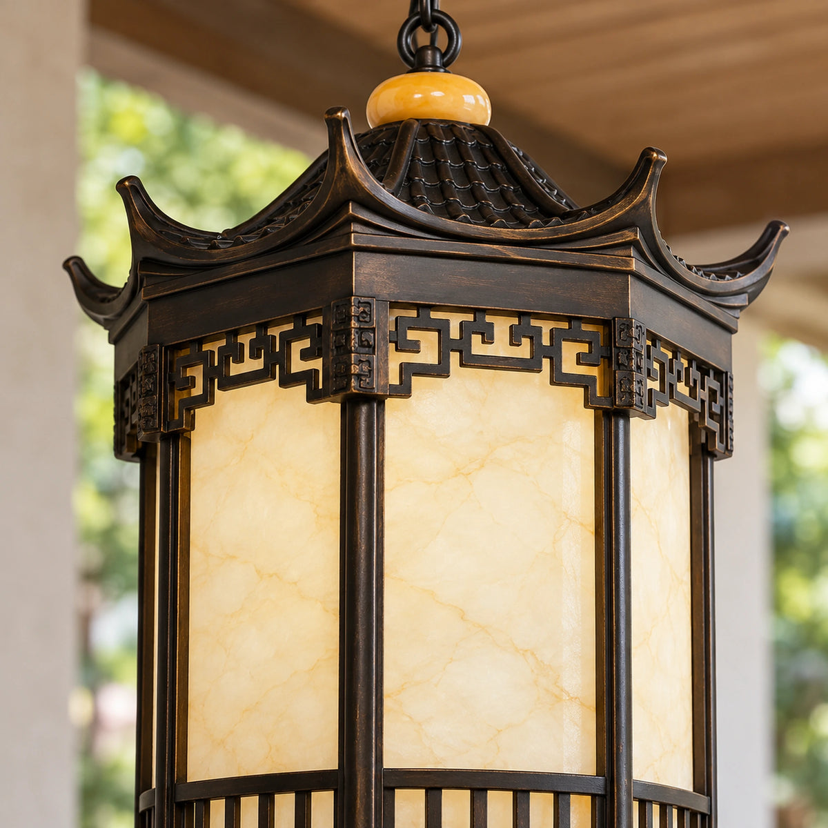 Pagora | Classic Pagoda Outdoor Hanging Light with Faux Alabaster & Bronze Gold Aluminium
