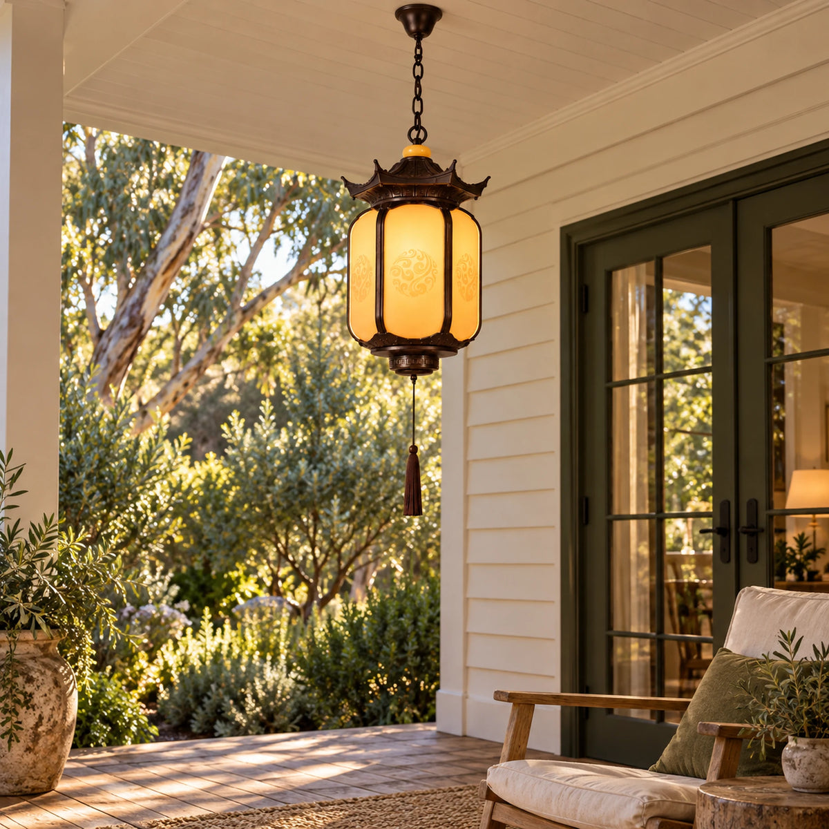 Pavilora | Elegant Pagoda Outdoor Pendant Light with Faux Alabaster Panels & Bronze Gold Frame