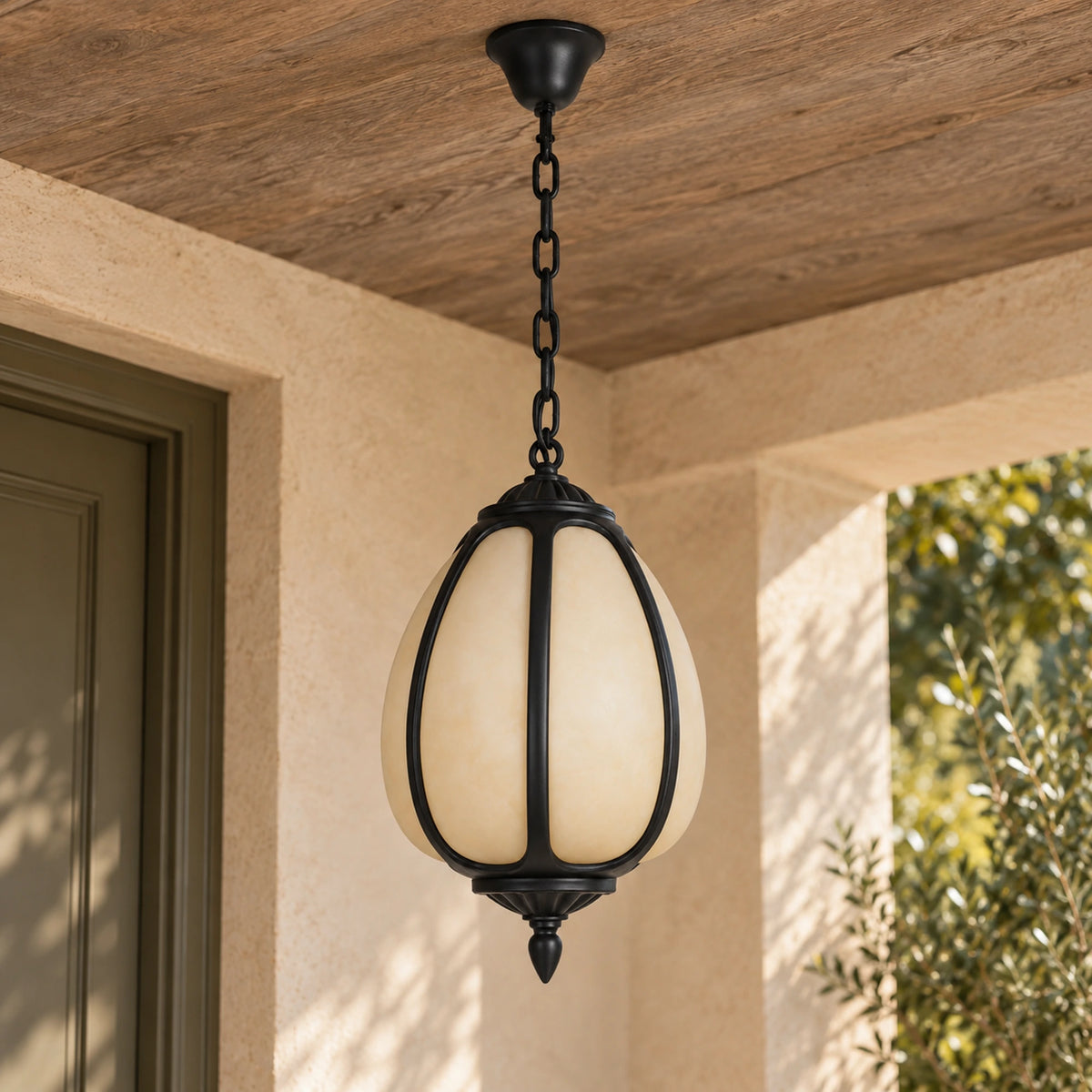Petalora | Sculptural Outdoor Pendant Light with Faux Alabaster & Sandblasted Black Aluminium