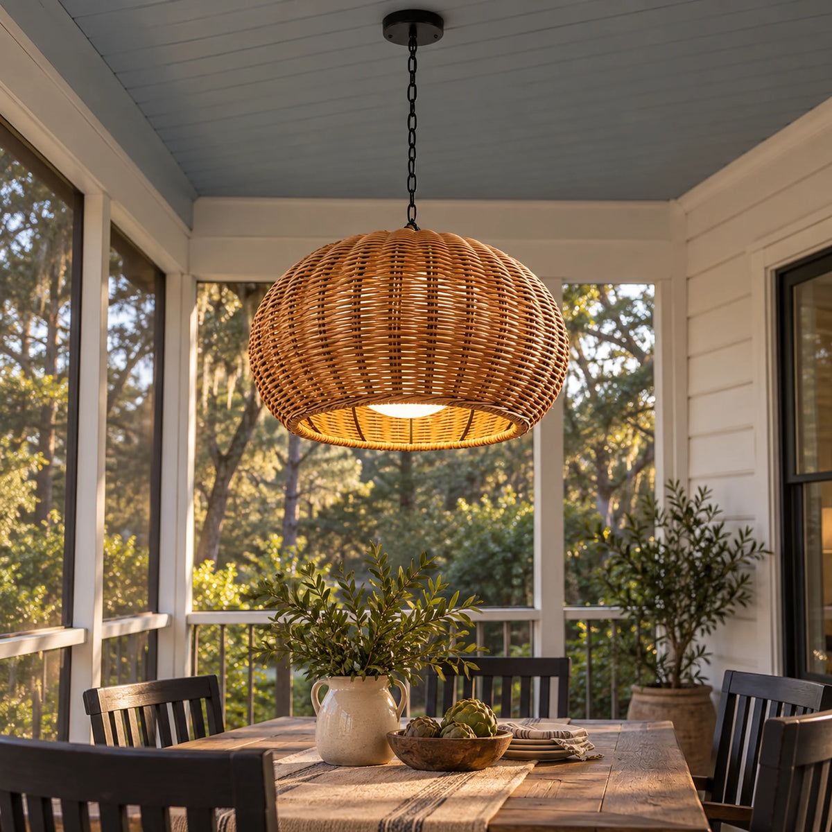 Weavora | Rustic Outdoor Hanging Pendant Light in Woven PE Rattan, Warm 3000K & IP65 Protection