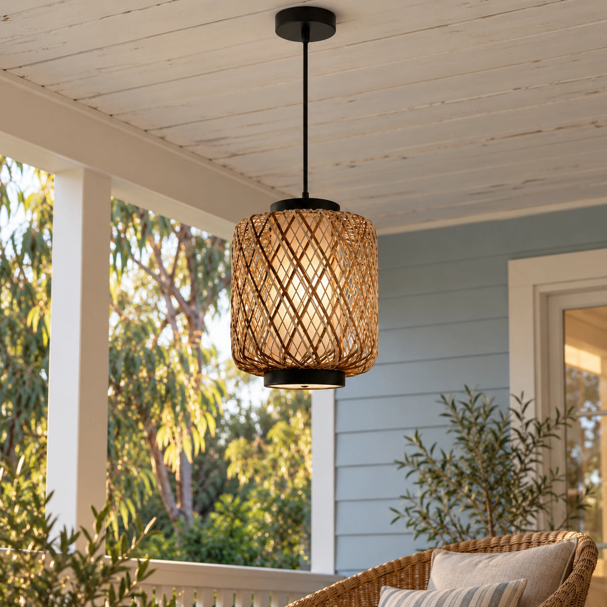 Tressora | Rustic Outdoor Hanging Pendant Light in Hand-Woven Rattan & Iron with Adjustable Cord