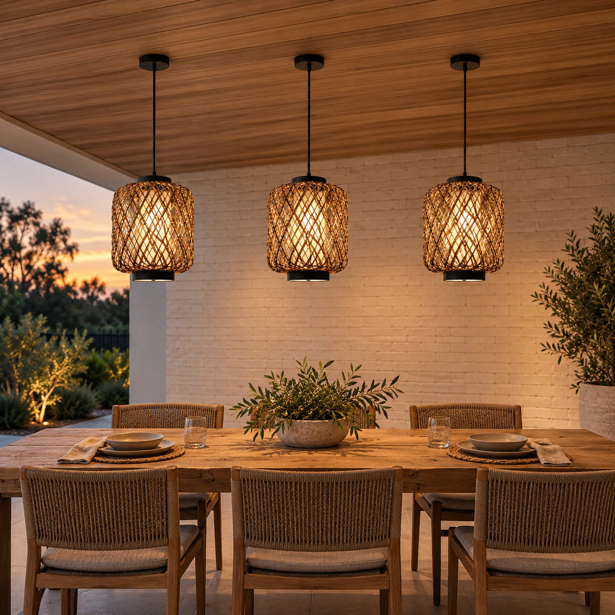 Tressora | Rustic Outdoor Hanging Pendant Light in Hand-Woven Rattan & Iron with Adjustable Cord