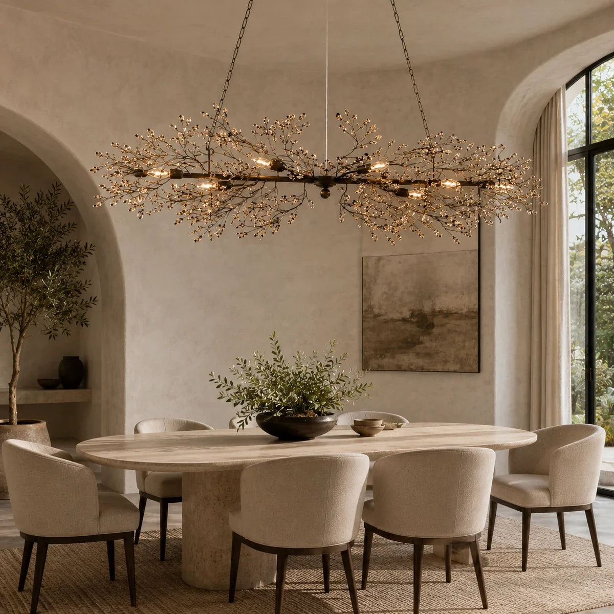 FioreChic gold linear chandelier in a warm modern dining room