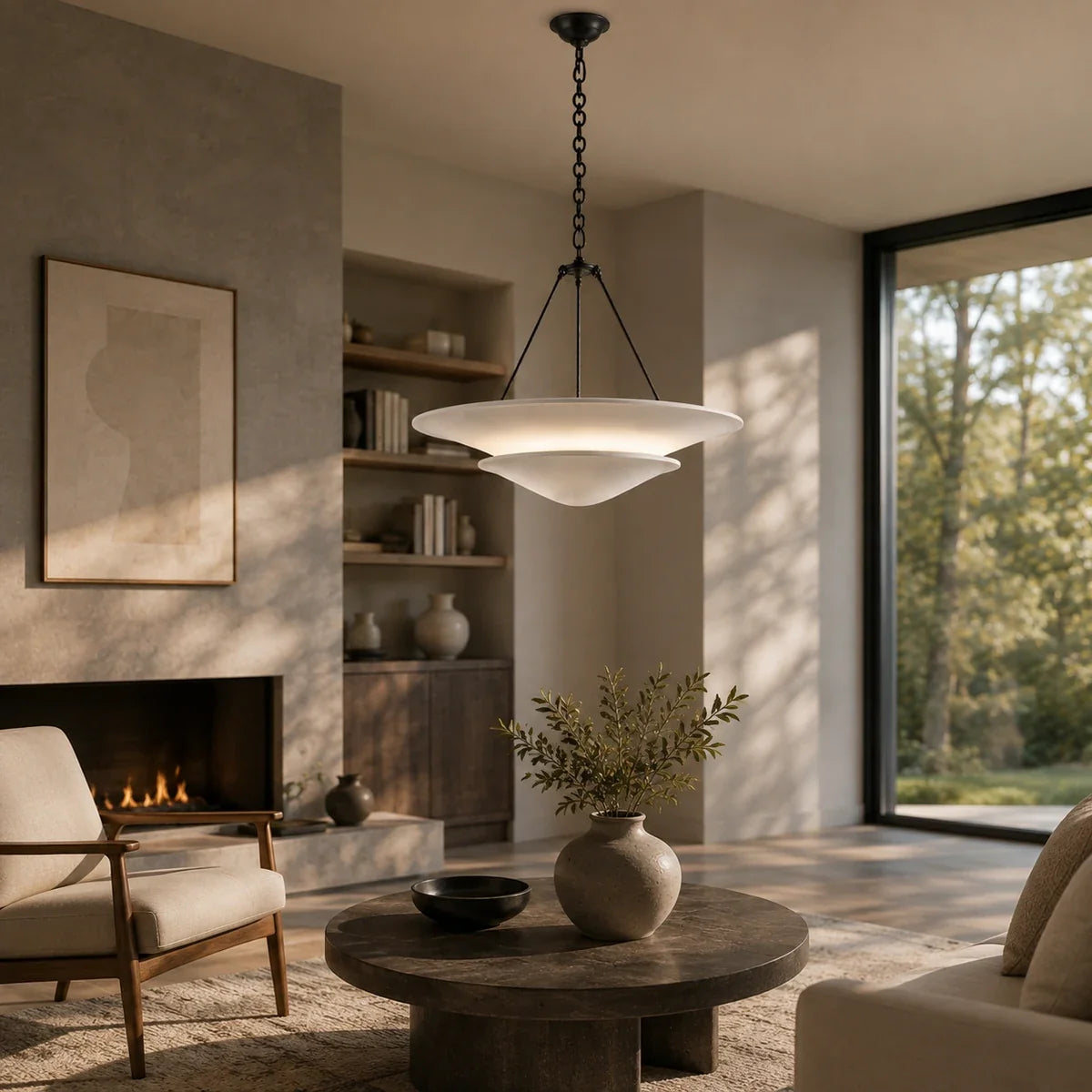 LumiereChic black chandelier close-up in a modern living room