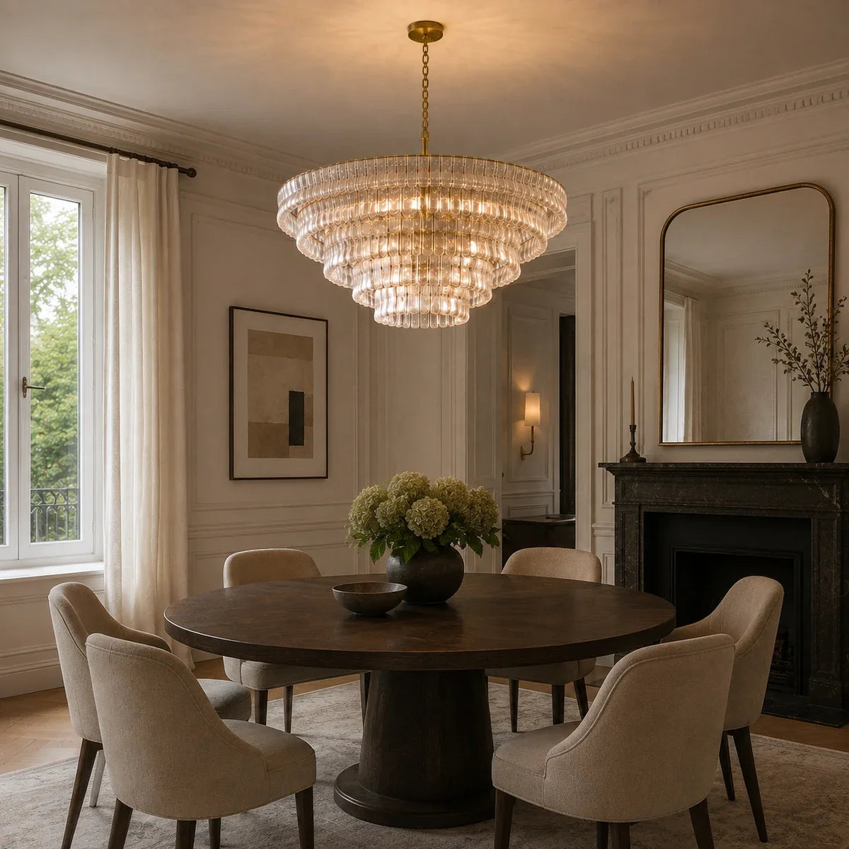 Luminara clear glass chandelier in an elegant dining room