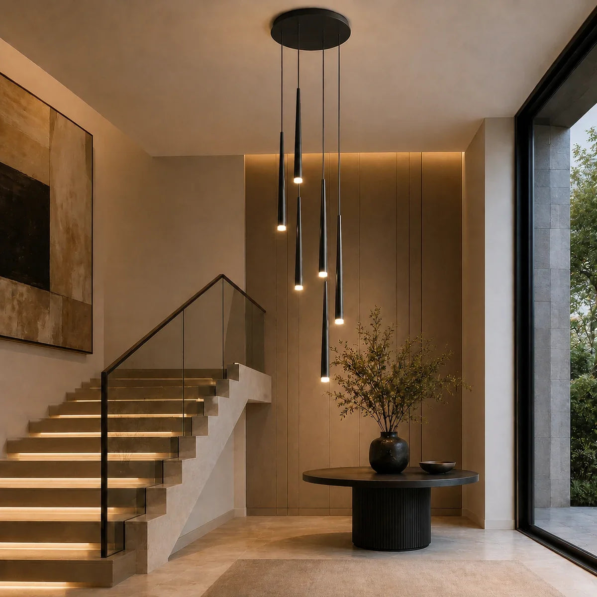 NordicAura six-light black pendant cluster in a modern staircase