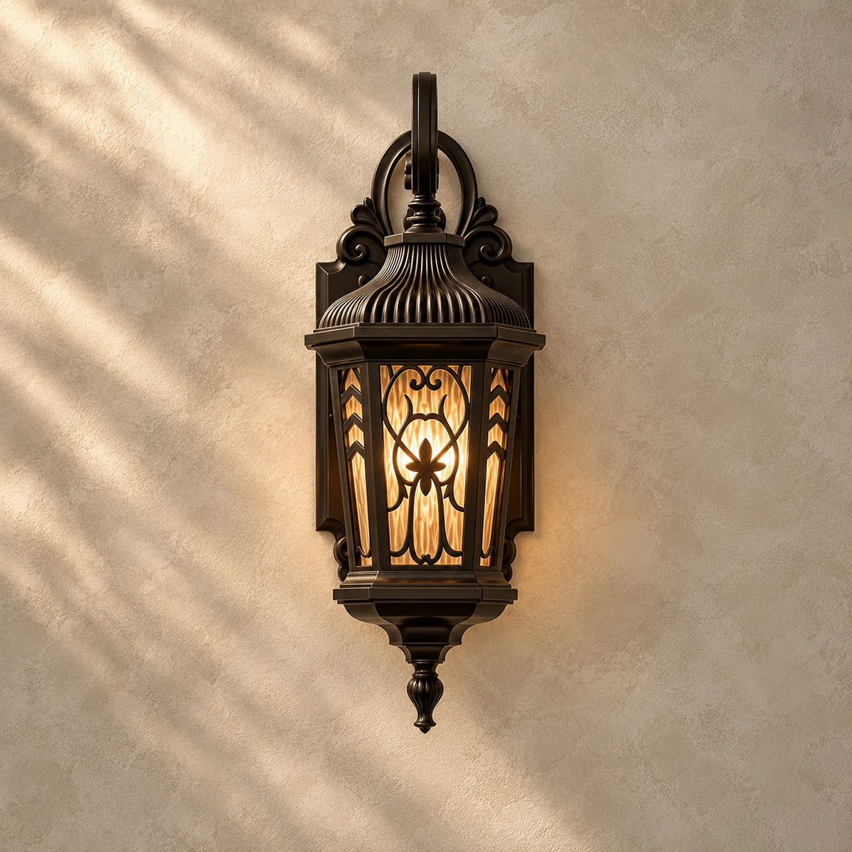 Velmora | Vintage Outdoor Wall Lantern with Ornate Metalwork, Warm 3000K LED and Glass