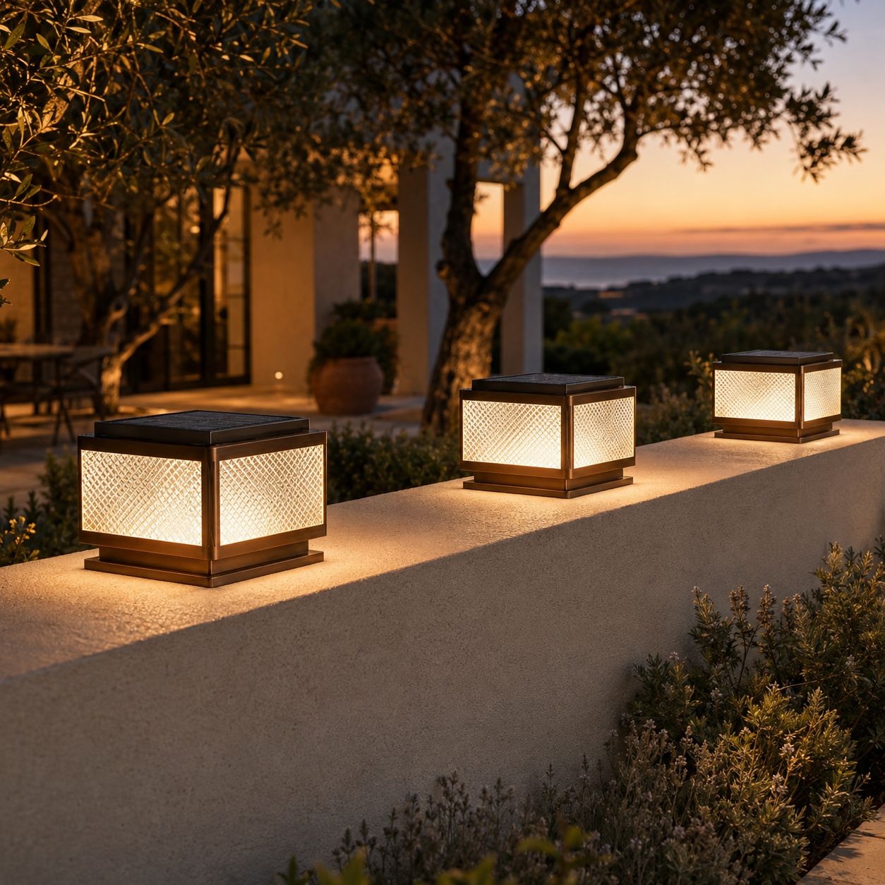 Three square post cap lights along a low wall at sunset with a sea view