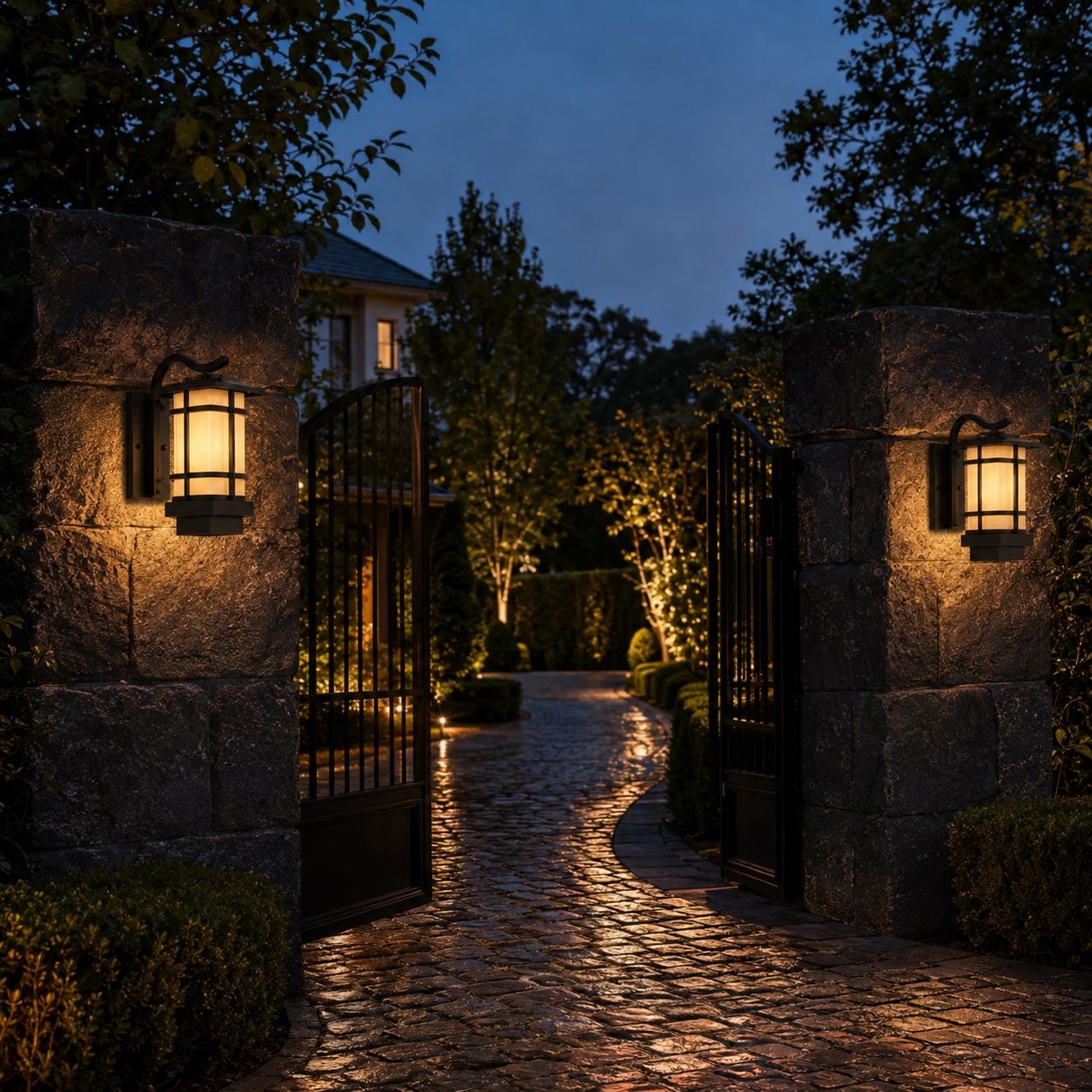Two craftsman wall lanterns on stone gate pillars beside a cobbled driveway at dusk