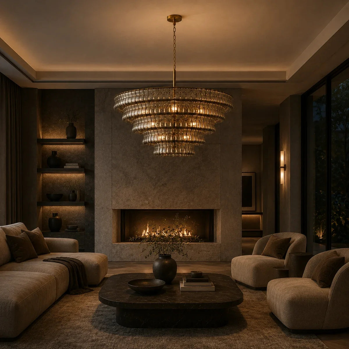 Luminara smoke glass chandelier in a warm living room