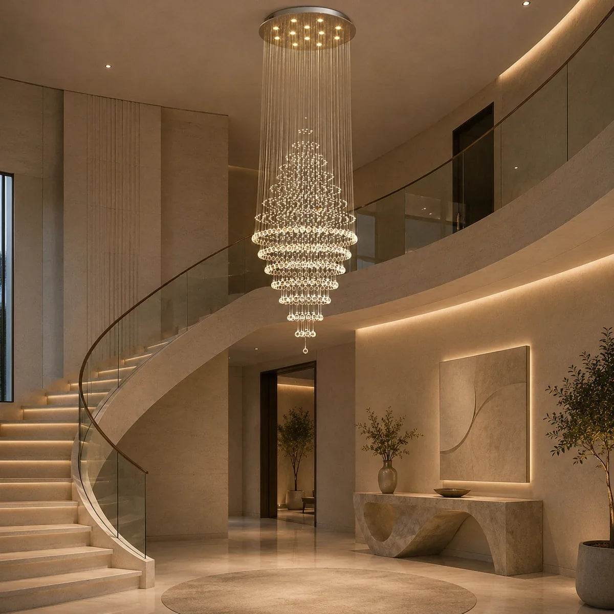 Luminara spiral crystal chandelier beside a curved staircase
