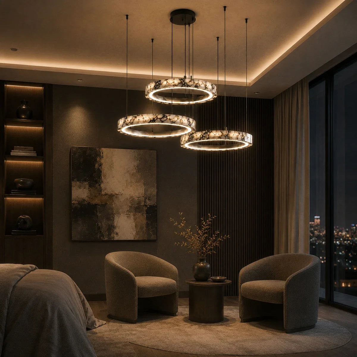 MarbleGlow trio ring chandelier in a contemporary lounge