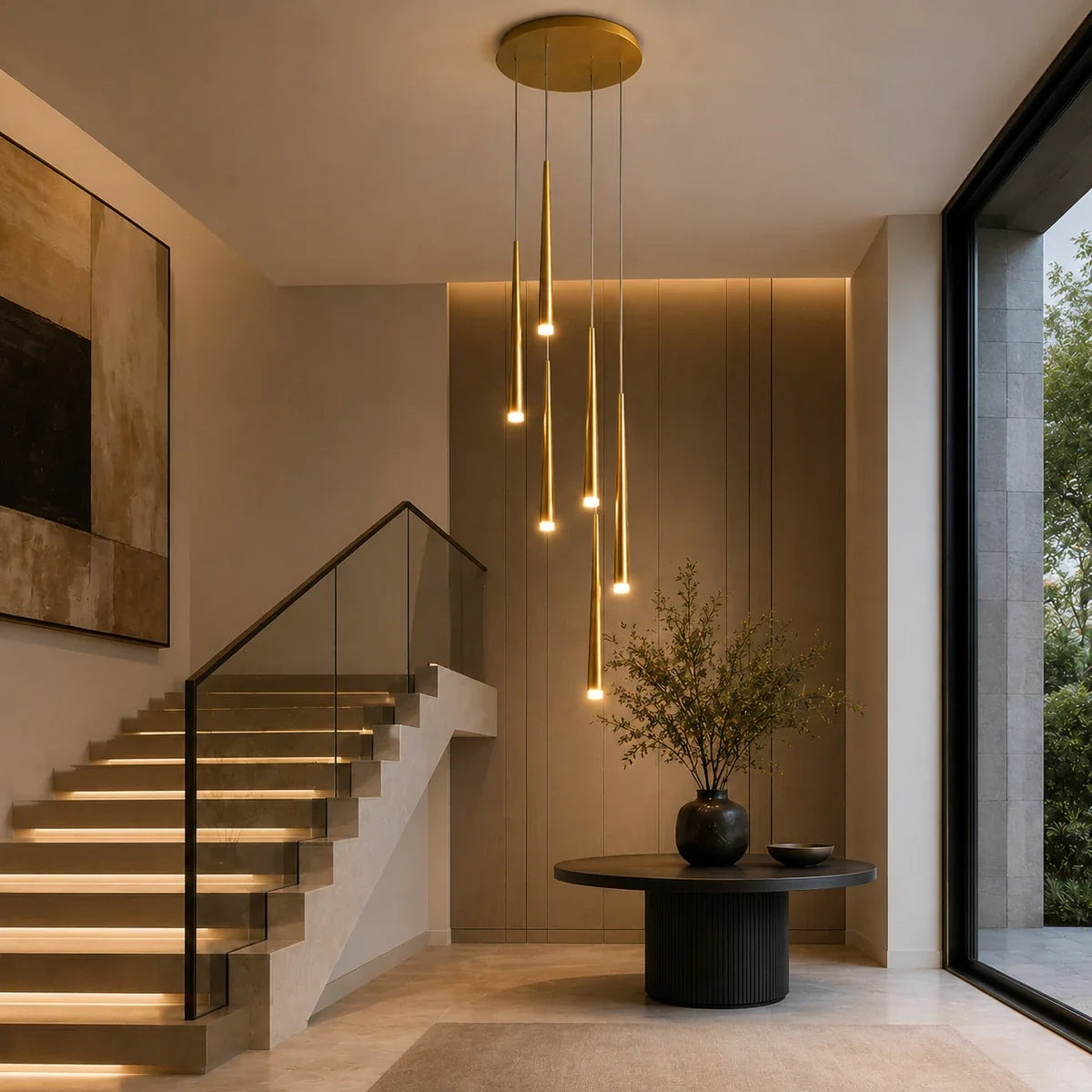 NordicAura six-light gold pendant cluster in a modern staircase