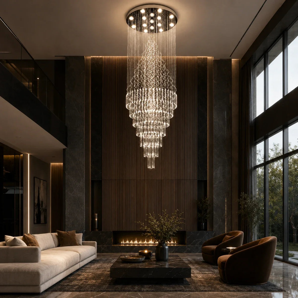 Raindrop Elegance crystal chandelier in a double-height living room