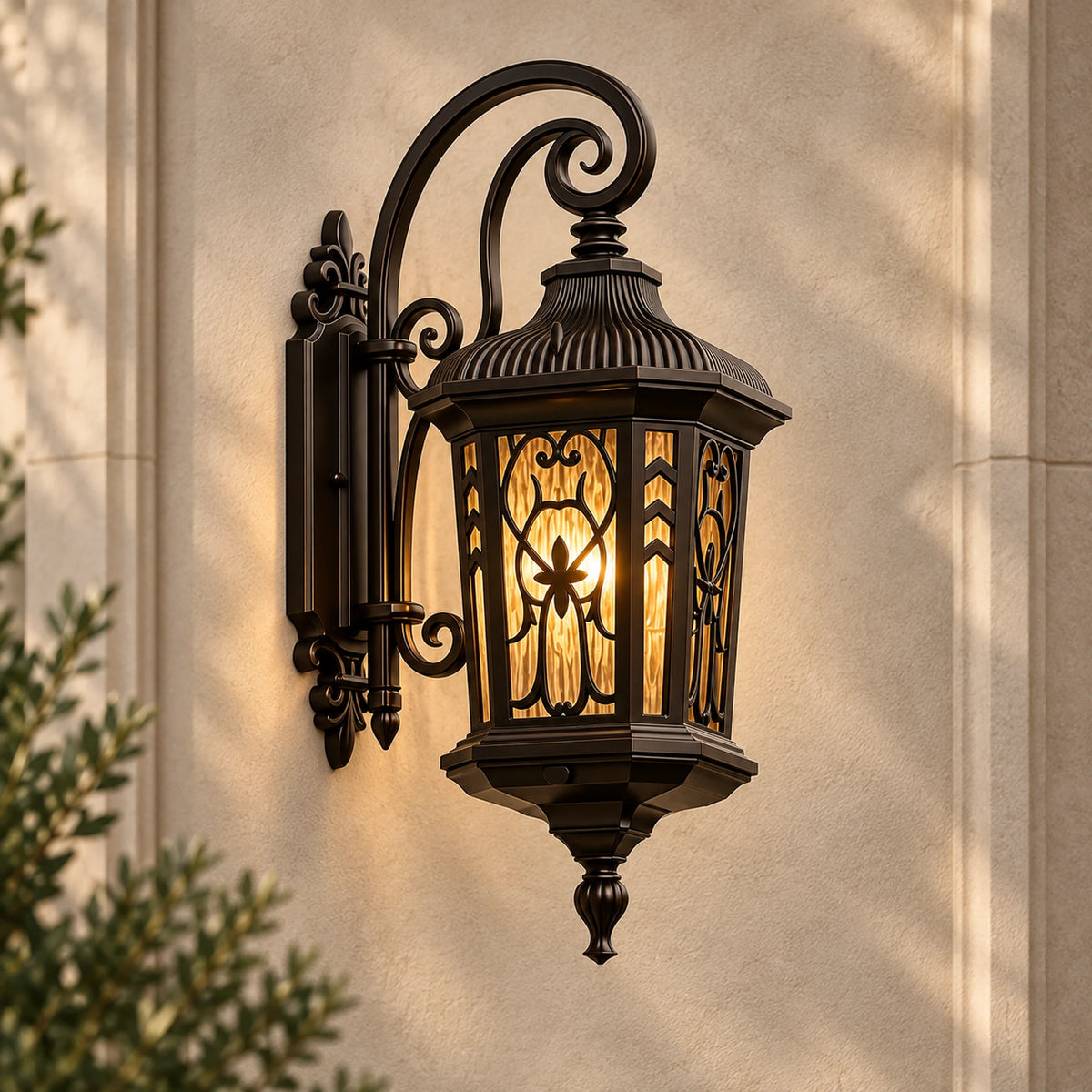 Velmora | Vintage Outdoor Wall Lantern with Ornate Metalwork, Warm 3000K LED and Glass