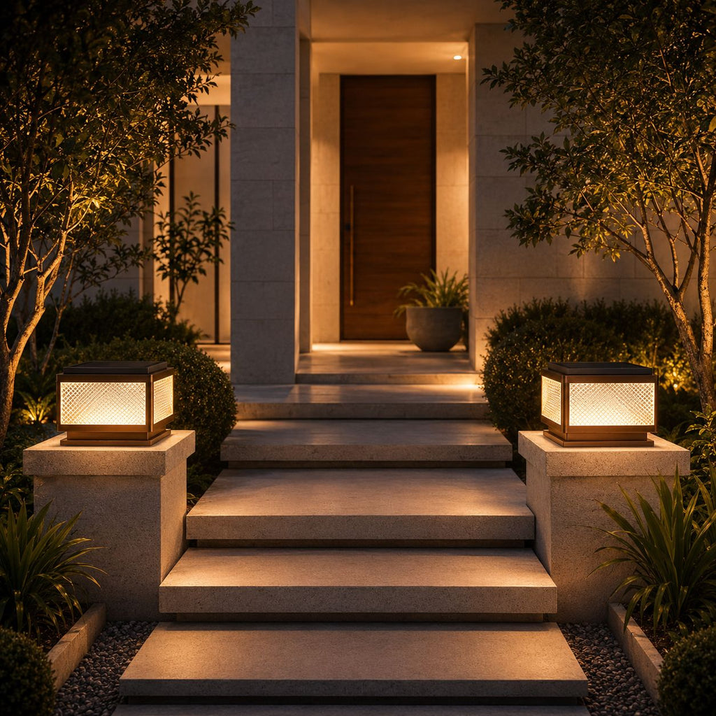 Two square post cap lights on piers flanking steps to a timber front door