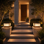 Two square post cap lights on piers flanking steps to a timber front door