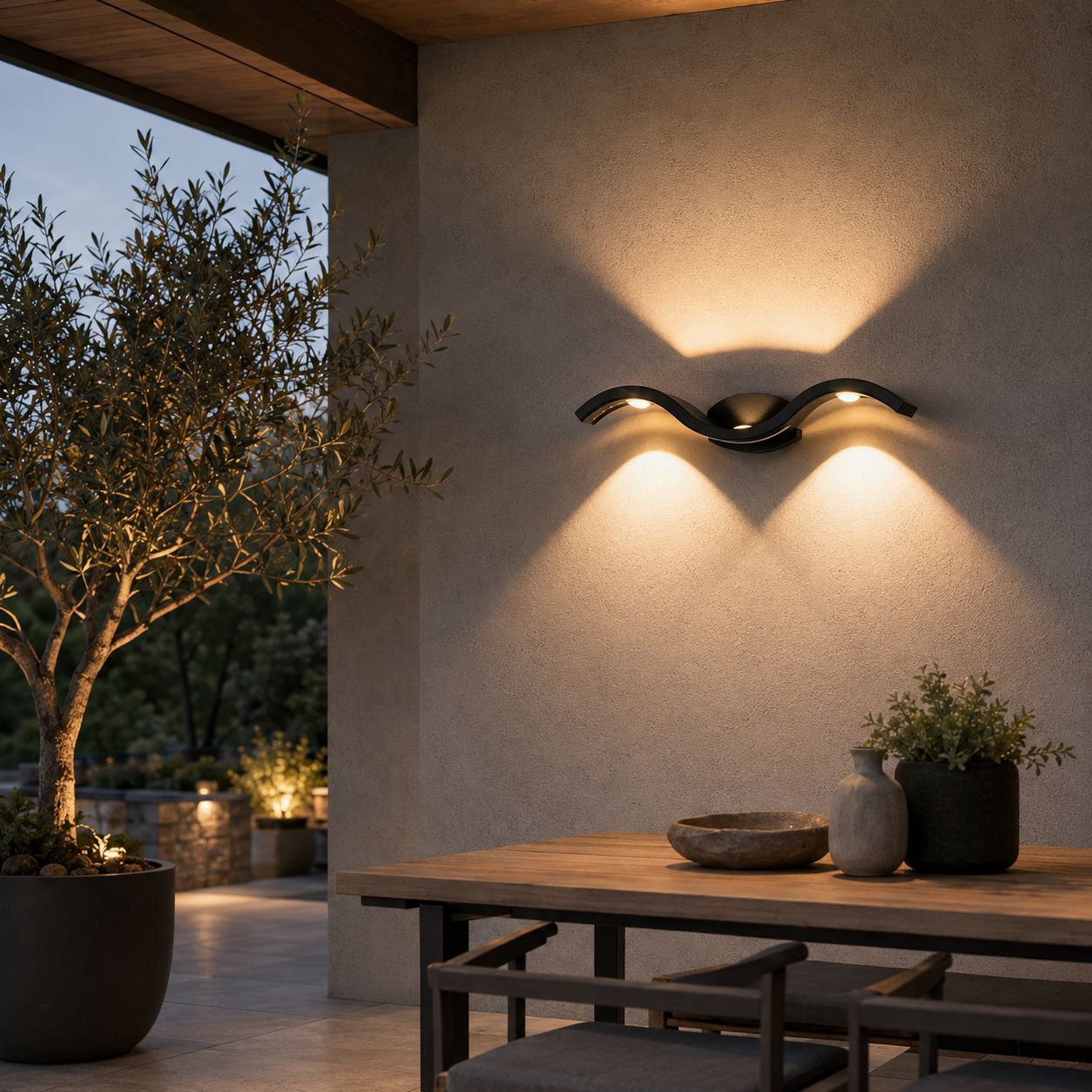 Black wave wall light casting light up and down a cream wall above an outdoor dining table