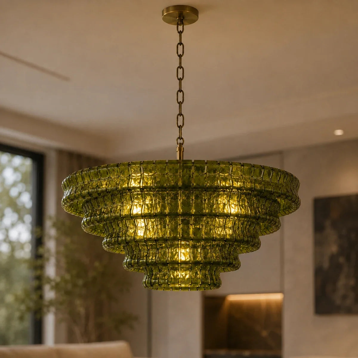 Luminara green glass chandelier close-up in a refined interior