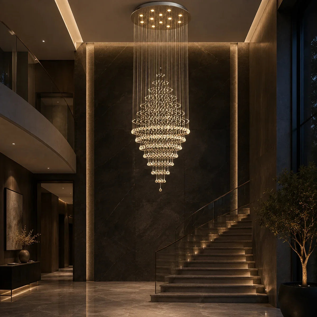 Luminara spiral crystal chandelier in an evening stairwell