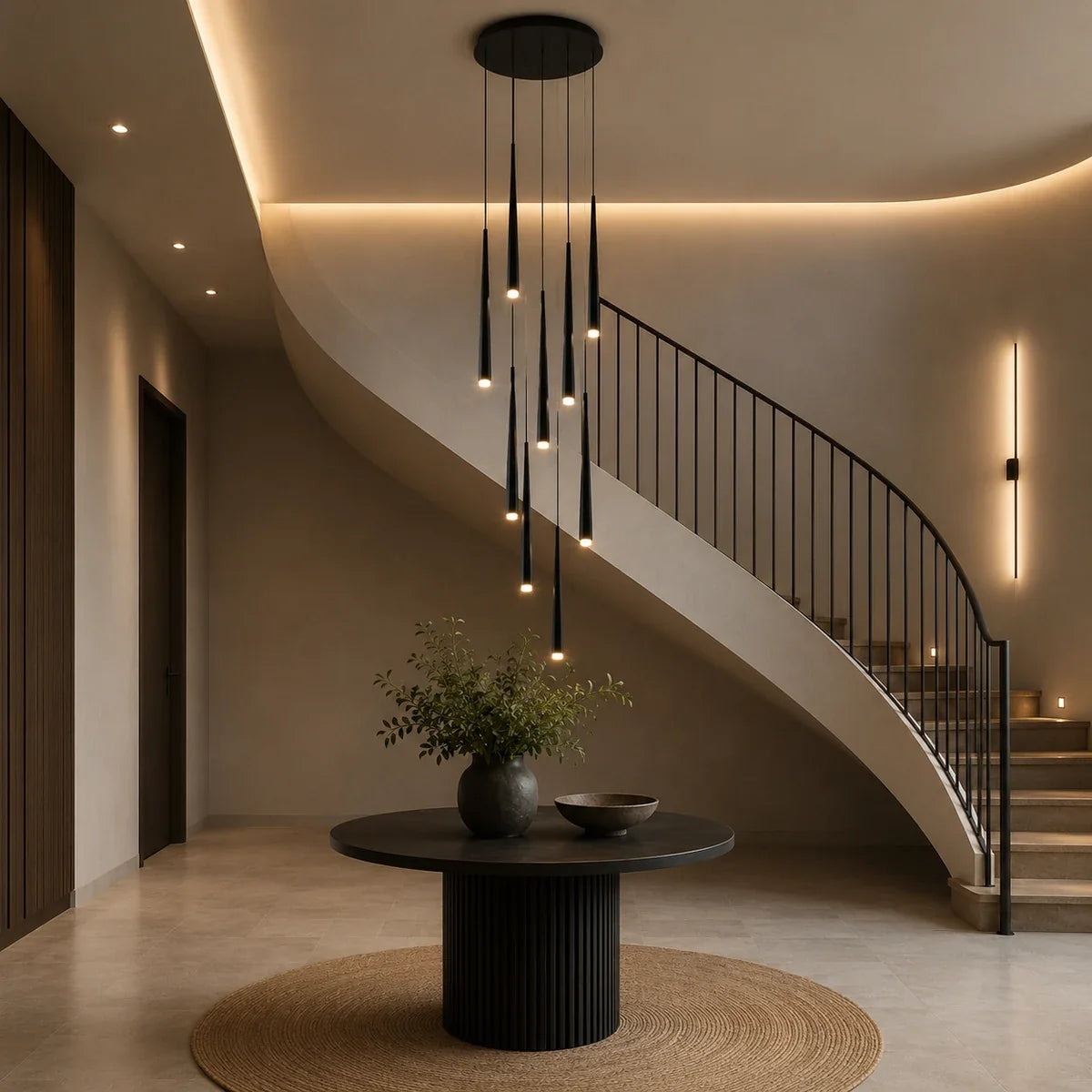 NordicAura black pendant cluster in a contemporary staircase