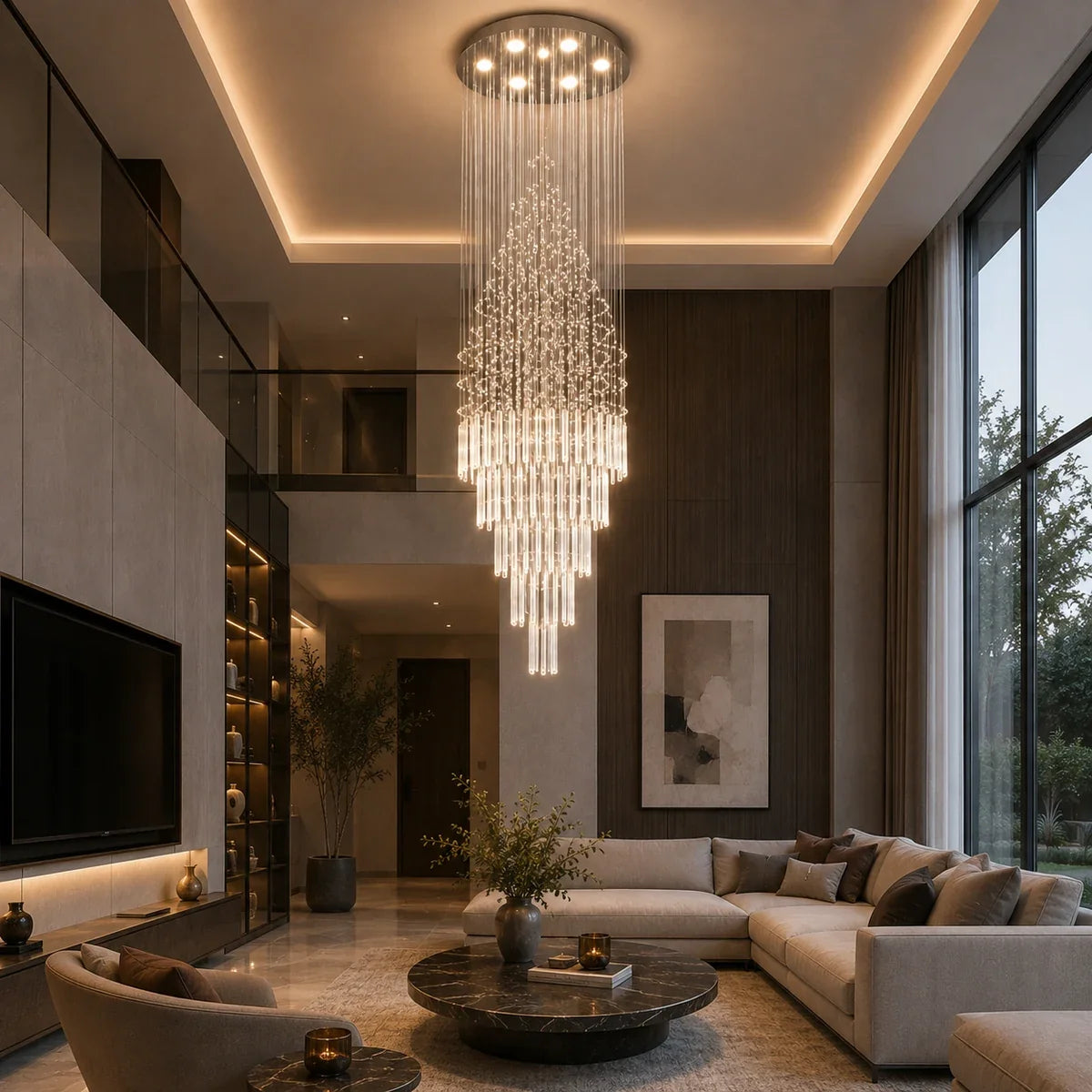 Raindrop Elegance crystal chandelier in a tall contemporary lounge