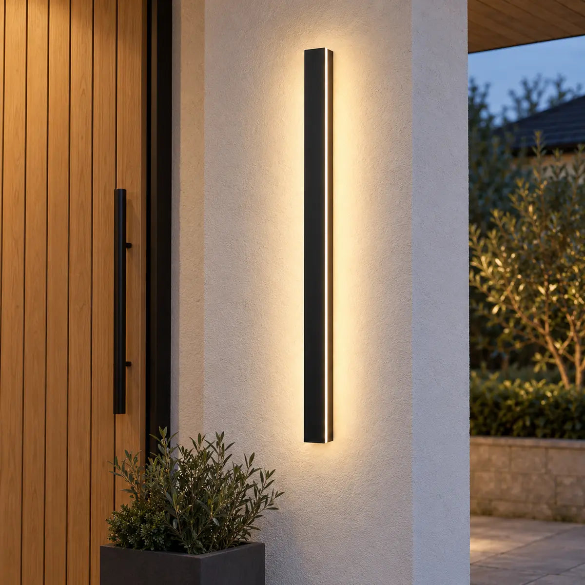 SilexStone dimmable black outdoor wall light beside an oak porch door